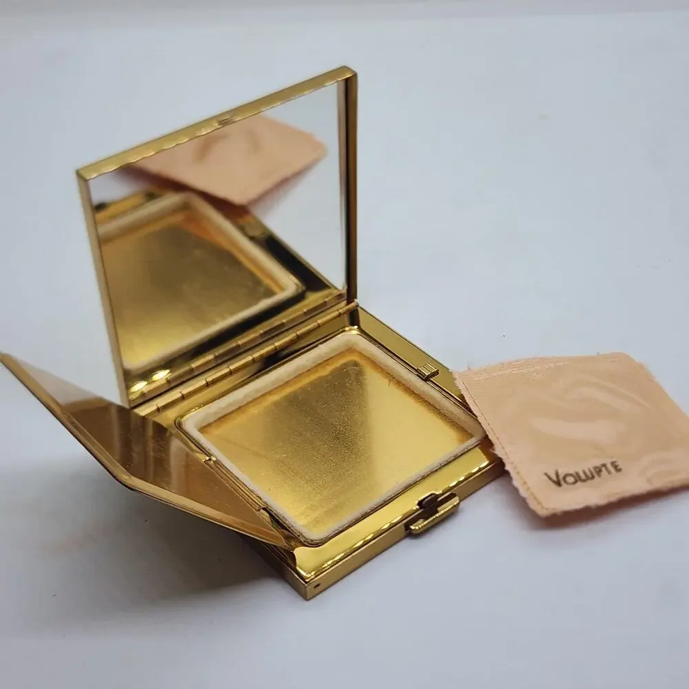 Vintage Volupte Rhinestone Flower Powder Compact Gold Tone Sunburst Mirror